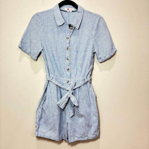 Boden Lucinda Romper Women 4R Linen Blue Stripe Shorts Beachy Preppy Resort - Picture 2 of 10